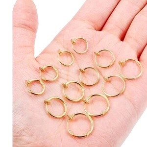 Set of 12 gold punk spring ear clips for men, stainless steel clip-on hoop earrings