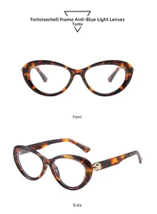 Detailed view of cat eye tortoiseshell frame with golden leopard head metal emblem