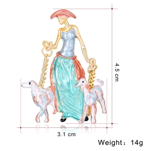 Elegant woman walking dog brooch in colorful enamel finish with size dimensions