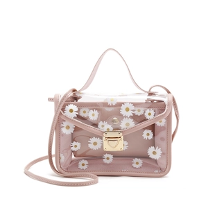 Transparent PVC tote with white daisy prints and pink inner pouch for summer fashion