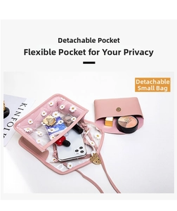 Detail view of pink transparent PVC daisy tote with inner pouch and gold lock clasp