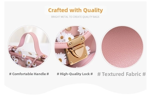Detail showing the pink daisy tote bag handle, golden metal lock, and lychee texture