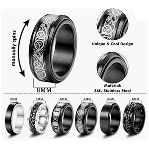 Stainless Steel Spinner Ring Anxiety Stress Relief Rotating Double Layer Dragon Pattern Roman Numerals Cuban Chain Jewelry