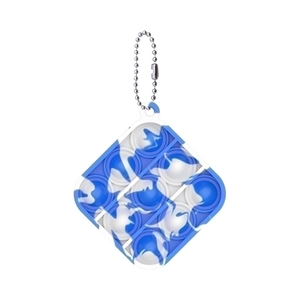Close-up of diamond-shaped blue marble silicone fidget toy with a silver ball chain