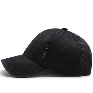 Men's vintage black washed cotton baseball cap with DST print and metal rivets detail
