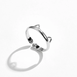 Minimalist S925 sterling silver open ring with cute cat ears and paw prints design