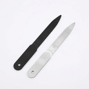 Set of two stainless steel nail files in matte black and silver with hanging holes