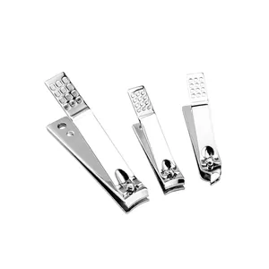 Three-piece stainless steel nail clipper set with non-slip handle and metallic finish