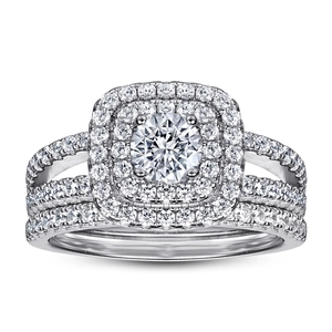 Macro detail of 925 sterling silver ring set with D color moissanite and round cut stones
