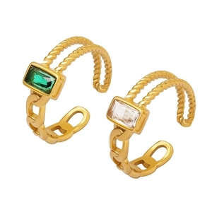 Adjustable gold plated open rings set with emerald and clear zircon in chain design