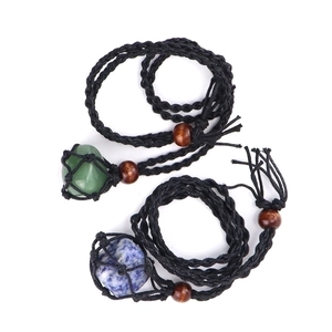 Handmade black woven net necklace with natural green and blue crystal stones