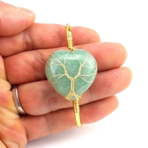 Handmade gold wire-wrapped heart green natural stone Tree of Life open bangle bracelet