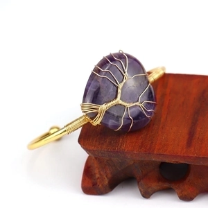 Handmade gold wire-wrapped heart amethyst tree of life open bangle bracelet for women