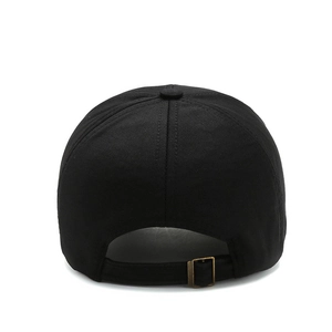 Rear view of black cotton canvas baseball cap with adjustable antique bronze metal buckle