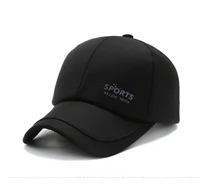 Detail view of the black sports baseball cap featuring high-density twill fabric and printing