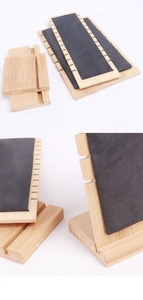 Detail of detachable bamboo necklace display with grey velvet and sawtooth notches