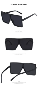 Three-angle views of vintage oversized square sunglasses in bright black and gray lenses
