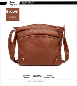 Detailed view of the brown soft leather texture and multi-layer zipper compartments