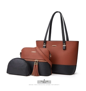 Detailed set of three brown and black Saffiano PU leather bags with gold hardware