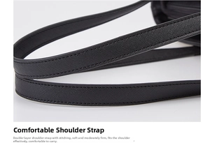 Close-up of comfortable shoulder strap with black Saffiano leather and double stitching