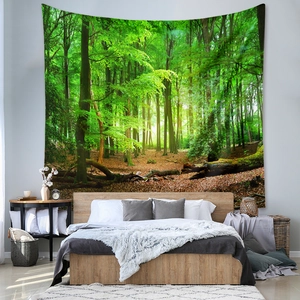 Detailed close-up of premium forest tapestry hanging above a bed for wall decoration