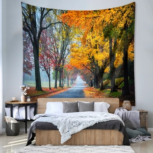 Detail of bedroom wall tapestry featuring an autumn forest landscape with colorful maple trees