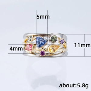 Elegant multi-color gemstone ring with zircons in geometric wave patterns on gold band