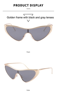 Detailed macro view showing the front and side profile of golden futuristic cat-eye sunglasses
