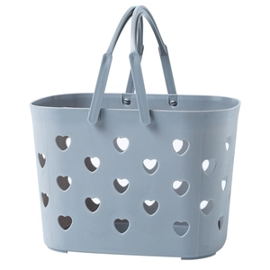 Grey heart-patterned plastic bath basket with dual handles for bathroom storage