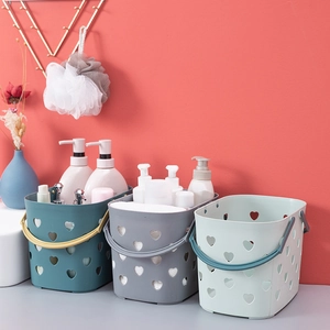 Plastic Shower Basket Heart Shaped Hollow Bathroom Toiletry Storage Crate With Dual Handles Portable Waterproof