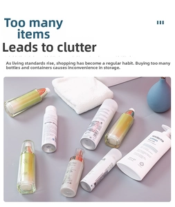 Messy vanity scene with various skincare bottles needing organization in a plastic basket