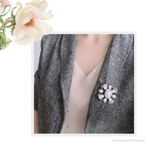 Baroque pearl brooch on grey blazer collar with elegant floral watercolor border