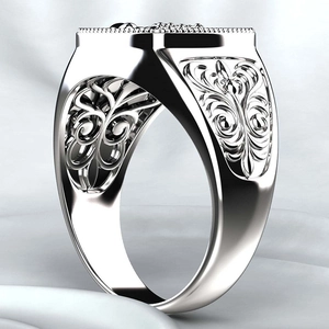 Retro silver plated signet ring with engraved scroll patterns and square top design