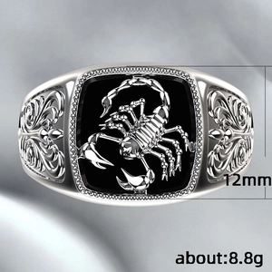 Gothic scorpion ring with black enamel and silver floral patterns, weight 8.8g