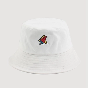 Detailed close-up of watermelon popsicle embroidery on a white cotton bucket hat
