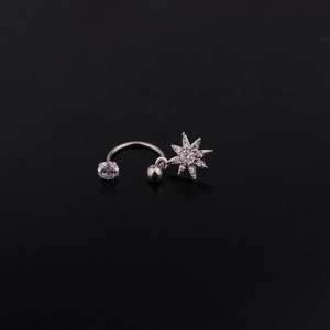 Silver stainless steel C-ring ear stud with sparkling zircon flower star pendant