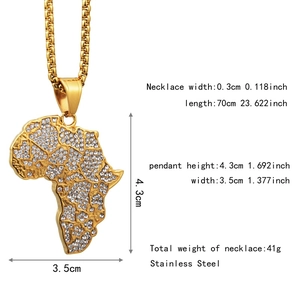 Detail view of gold-plated stainless steel Africa map pendant with iced-out rhinestones
