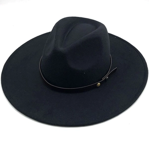 Classic black wool fedora hat with a wide brim and dark brown leather decorative band