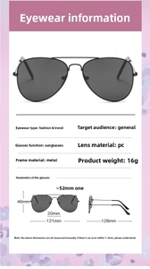 Detailed dimensions and 16g lightweight metal frame of kids aviator sunglasses