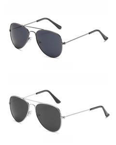 Detail of aviator kids sunglasses with gunmetal and silver frames and dark grey lenses