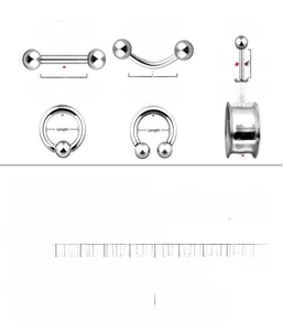 Size guide for body piercing jewelry with gauge and millimeter conversion charts