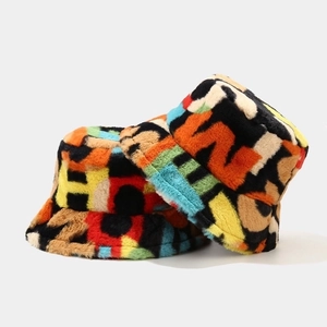 Colorful alphabet print faux rabbit fur bucket hat for winter outdoor warmth and style