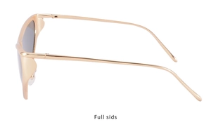 Detail of slim gold metal frame and dark lenses of futuristic triangle sunglasses