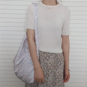 Floral cotton tote bag with wide shoulder strap in light blue print for women