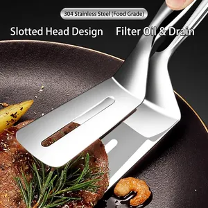 304 stainless steel food tongs flipping steak in a pan with oil filter hollow design