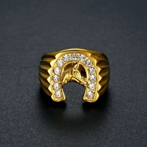 Hip-hop style gold plated stainless steel horseshoe ring with diamond-encrusted horse head