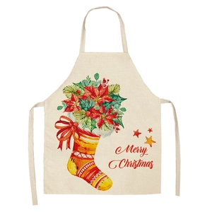 Linen Christmas apron with watercolor stocking and Merry Christmas print for kitchen