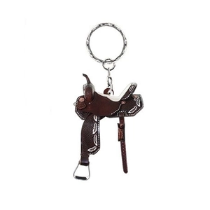 Detail of Western saddle acrylic keychain with brown leather texture and silver chain