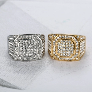 Anello hip-hop di lusso da uomo a forma di ottagono in oro e argento con cristalli pieni