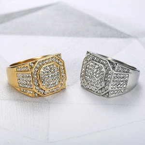 Anelli hip hop ottagonali in oro e argento con cristalli di zirconia bianchi
